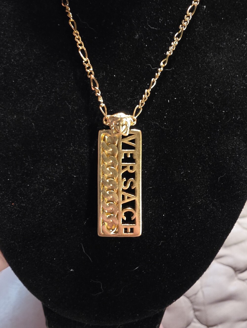 USED...Versace Gold-tone Cutout Logo Bar Necklace